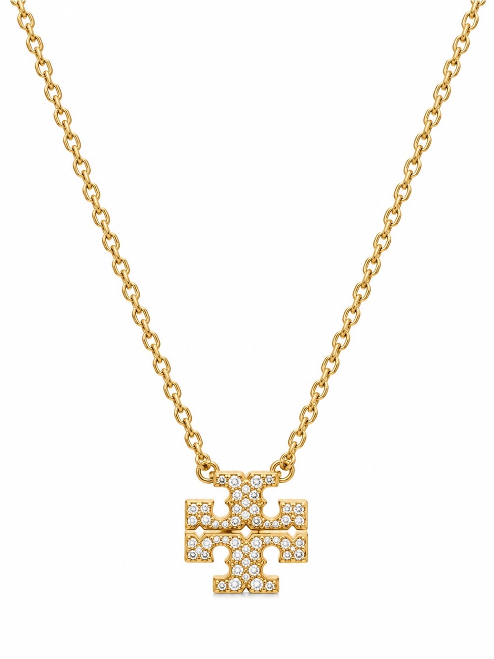 TORY BURCH • Gold Classic Crystal Charm Logo Pendant Necklace